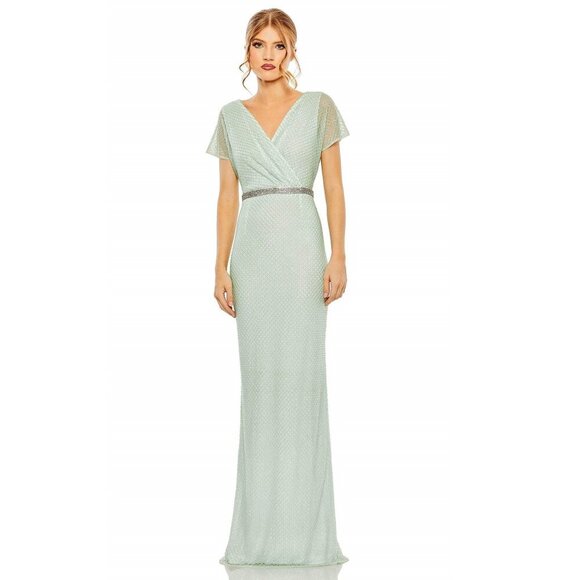 NWT Mac Duggal Short Sleeve Beaded V-Neck Gown Sage 6 #7965 - Picture 1 of 9